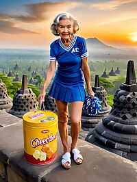 An elderly woman in a blue cheerleader uniform poses at Borobudur Indonesia