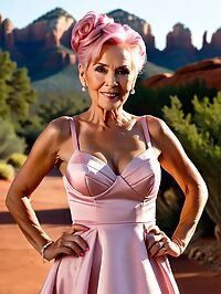 Grandmother in a pink wedding dress poses on a rocky hillside in Sedona