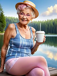 Elderly woman with mohawk dons pink pantyhose at serene lake dawn scene
