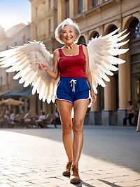 Elderly woman in red tank top poses with feathers on the city square at dawn