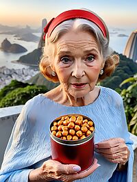 An elderly woman with ginger hair poses outside Rio's iconic Christ statue in blue dress