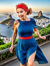 An elderly woman with ginger hair poses outside Rio's iconic Christ statue in blue dress