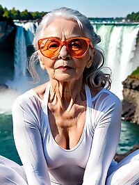 Elderly woman stands by Niagara Falls with medium brown hair and drooping breasts