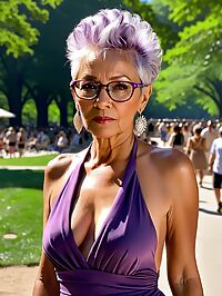 An elderly grandmother with a purple halter dress stands proudly in Central Park