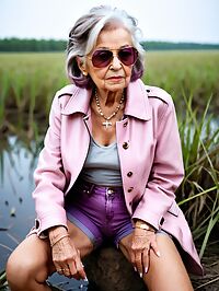 Grandmother stands in the swamp at dawn her wrinkled body clothed in a pink coat