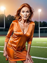 A 70 year old grandmother stands on a dimly lit football field wearing an orange dress