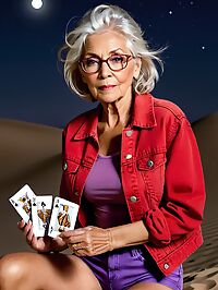 An elderly grandmother with grey eyes stands tall on a desert island under the moonlit sky